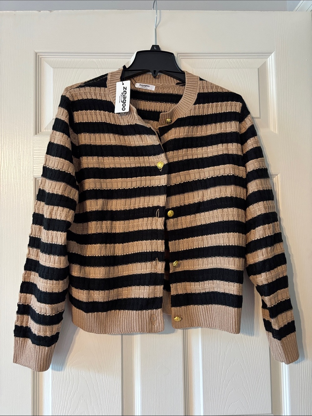 Black and Tan Striped Rib-Knit Cardigan with Gold Buttons